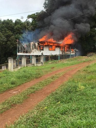 The doctor’s quarters at Mabaruma, Region One while it was on fire this morning (Aleandra Adams Facebook photo)