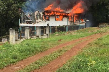The doctor’s quarters at Mabaruma, Region One while it was on fire this morning (Aleandra Adams Facebook photo)