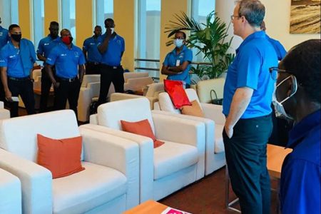 Cricket West Indies’ CEO Johnny Grave give the players a pep talk last prior to their departure. (photo courtesy of CWI)