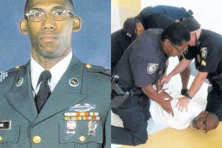 Randall King (left) shown here on the floor as police officers arrest him for “trespassing” at daughter’s graduation in 2016. (right)
