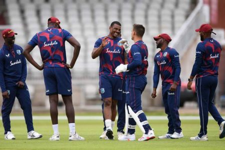 The West Indies players were involved in a three-day practice match which commenced yesterday in Manchester, England. On the opening day Kraigg Brathwaite scored 84 and Shai Hope 83 while Alzarri Joseph took 4-60 and Shannon Gabriel 3-32. (Pix courtesy CWI)