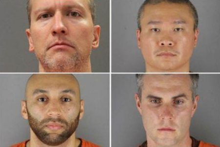 Former Minnesota police officers (clockwise from top left) Derek Chauvin, Tou Thao, Thomas Lane and J. Alexander Kueng poses in a combination of booking photographs from the Minnesota Department of Corrections and Hennepin County Jail in Minneapolis, Minnesota, U.S. Minnesota Department of Corrections and Hennepin County Sheriff’s Office/Handout via REUTERS.