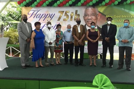 Uneasy alliance? Leader of the Justice For All Party Chandra Narine Sharma (centre) with President David Granger (fourth from right) and other leaders of the parties which make up the APNU+AFC coalition at a celebration of the president’s birthday last Wednesday. (Photo Credit Facebook page of Joseph Harmon) 