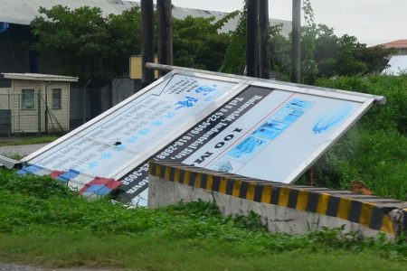 A sign at the East Bank Public Road Industrial Site that fell as a result of the heavy winds (Orlando Charles photo)
