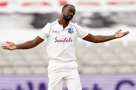 Fast bowler Kemar Roach reacts on a frustrating second day of the second Test at Old Trafford yesterday. 