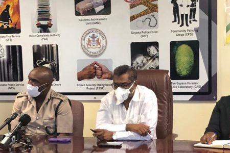 Director of Prisons Gladwin Samuels (seated first from left), Minister of Public Security Khemraj Ramjattan (centre) and Permanent Secretary of the Ministry of Public Security Daniella McCalman (right) at the press conference yesterday morning. Standing at left is Public Relations Officer of the Ministry of Public Security Mary Adams.
