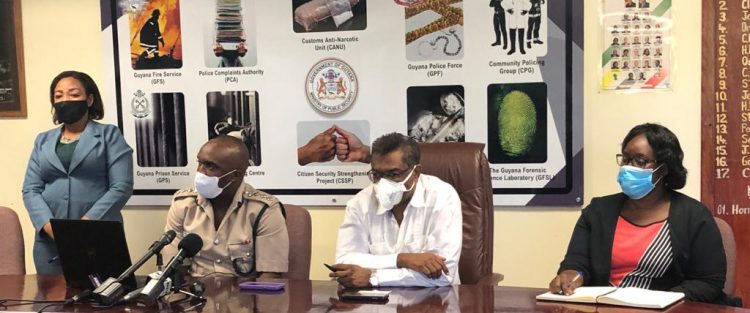 Director of Prisons Gladwin Samuels (seated first from left), Minister of Public Security Khemraj Ramjattan (centre) and Permanent Secretary of the Ministry of Public Security Daniella McCalman (right) at the press conference yesterday morning. Standing at left is Public Relations Officer of the Ministry of Public Security Mary Adams.
