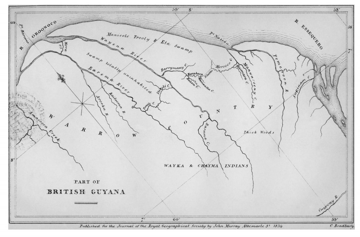1834 map of northwestern Guyana showing territory inhabited by the Warrau people