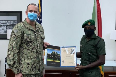 Second Lieutenant Orwin Austin departed Guyana on Thursday for the United States, where he will attend the United States Coast Guard Academy. The Guyana Defence Force said the 22-year-old Austin secured the opportunity to study Electrical Engineering at the Academy in a competitive process. He was only one of six students selected to attend the Academy’s Class of 2024, according to the U.S Embassy. (U.S. Embassy Guyana photo)