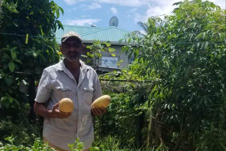 Small offerings: Shameer Khan on his farm at Leguan 
