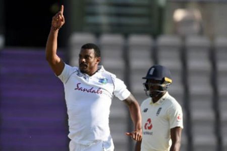 Shannon Gabriel celebrates bowling Ollie Pope on the fourth day of the opening Test here yesterday. 