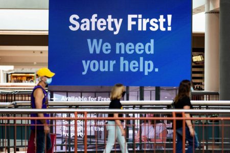 People visit the Destiny USA mall during the reopening, as the coronavirus disease (COVID-19) restrictions are eased, in Syracuse, New York, U.S., July 10, 2020. REUTERS/Maranie Staab
