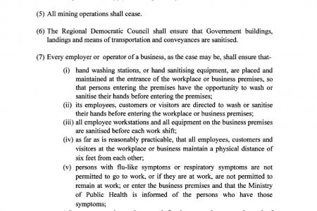 The updated COVID-19 emergency measures include special measures for Moruca in Region One and the mining area of Aranka/Arangoy Landing in Region Seven