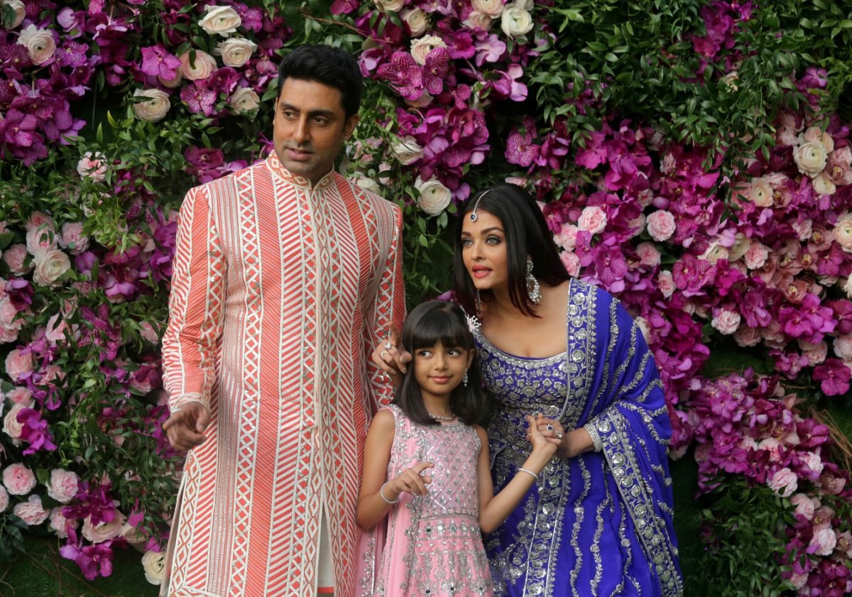 Indian film actor Abhishek Bachchan, his wife Aishwarya Rai and their daughter Aaradhya at the wedding of Akash Ambani, the son of Reliance Industries chairman Mukesh Ambani, in Mumbai, India, on March 9, 2019. (REUTERS/Francis Mascarenhas)