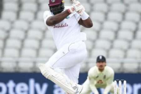 Rahkeem Cornwall gathers runs through the leg side during his brief knock on yesterday’s third day of the third Test. 