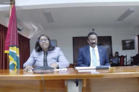 Foreign Minister Dr Karen Cummings (left) and Attorney General Basil Williams yesterday (OAS photo)