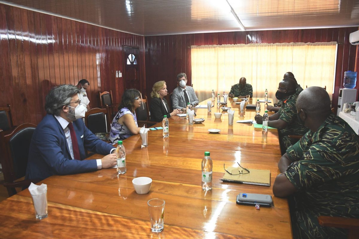 Heads of the western diplomatic missions (seated at left) during a meeting yesterday with the Chief of Staff Brigadier Godfrey Bess (second from right) and other senior military officers (Guyana Defence Force photo)