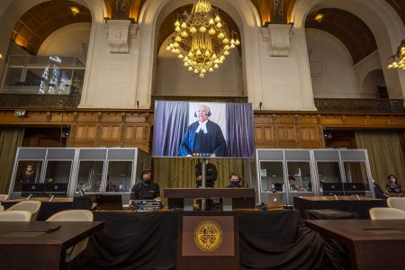 An International Court of Justice photo from yesterday’s proceedings at The Hague showing Sir Shridath Ramphal making his presentation remotely.