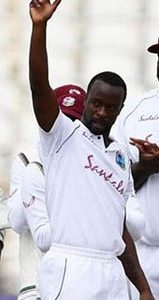 Kemar Roach displays the ball with which he reached 200 test wickets.
