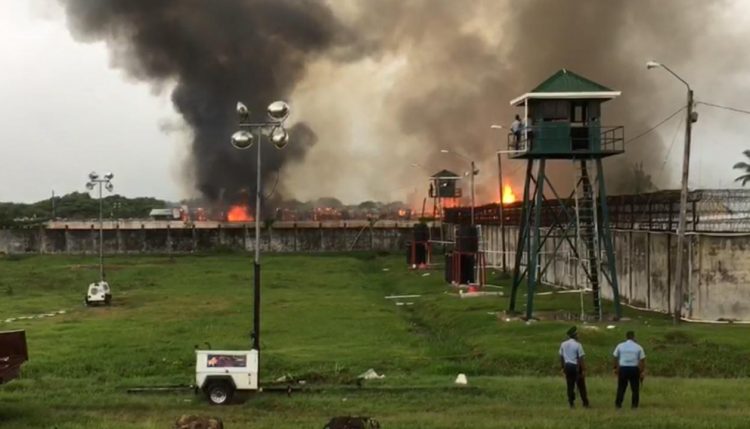 The Lusignan Prison dorm engulfed by fire.