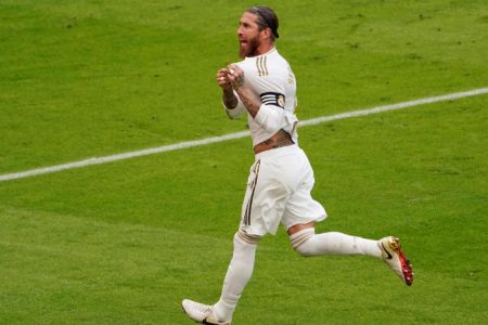 Real Madrid’s Sergio Ramos exults after scoring the first goal from the penalty spot yesterday.