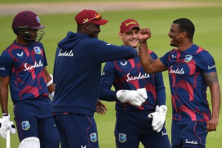 West Indies celebrate a wicket during an ‘inter-squad’ tour game.

