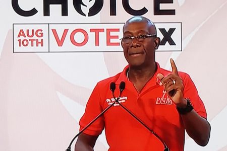 Prime Minister Dr Keith Rowley addressing supporters during the PM’s Campaign Meeting in Diego Martin last night.