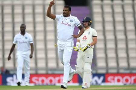 Shannon Gabriel celebrates the wicket of England opener Dom Sibley bowled for a duck. (Getty Images)