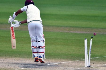 West Indies batsman Shai Hope is bowled by Stuart Broad in the second innings on yesterday’s final day of the second Test.
