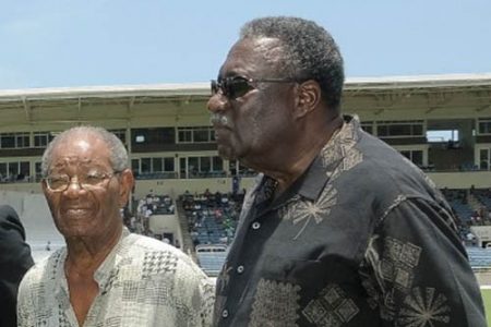 Sir Everton Weekes (left) pictured with Sir Clive Lloyd at Sabina Park five years ago. 