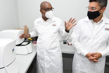 Dr Andre Gordon, (left) chairman and chief executive officer of Technological Solutions Limited (TSL), and Benjamin Pascal, co-founder of Invisible Sentinel, speaking with the media during a tour of TSL’s Resilient Centre Lab in St Andrew on July 23, 2020 - Rudolph Brown photo