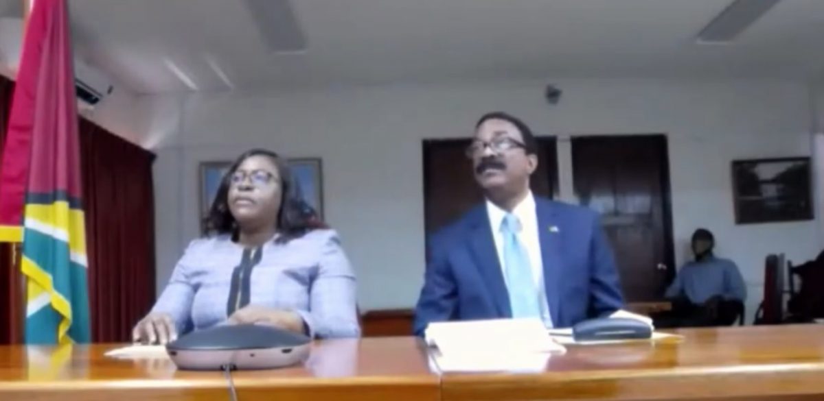 De facto Attorney General Basil Williams (right)  and de facto Foreign Minister Dr Karen Cummings speaking to the OAS Permanent Council.