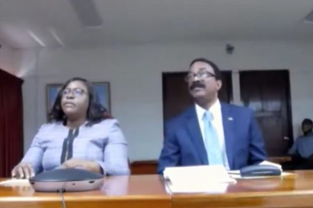 De facto Attorney General Basil Williams (right)  and de facto Foreign Minister Dr Karen Cummings speaking to the OAS Permanent Council.