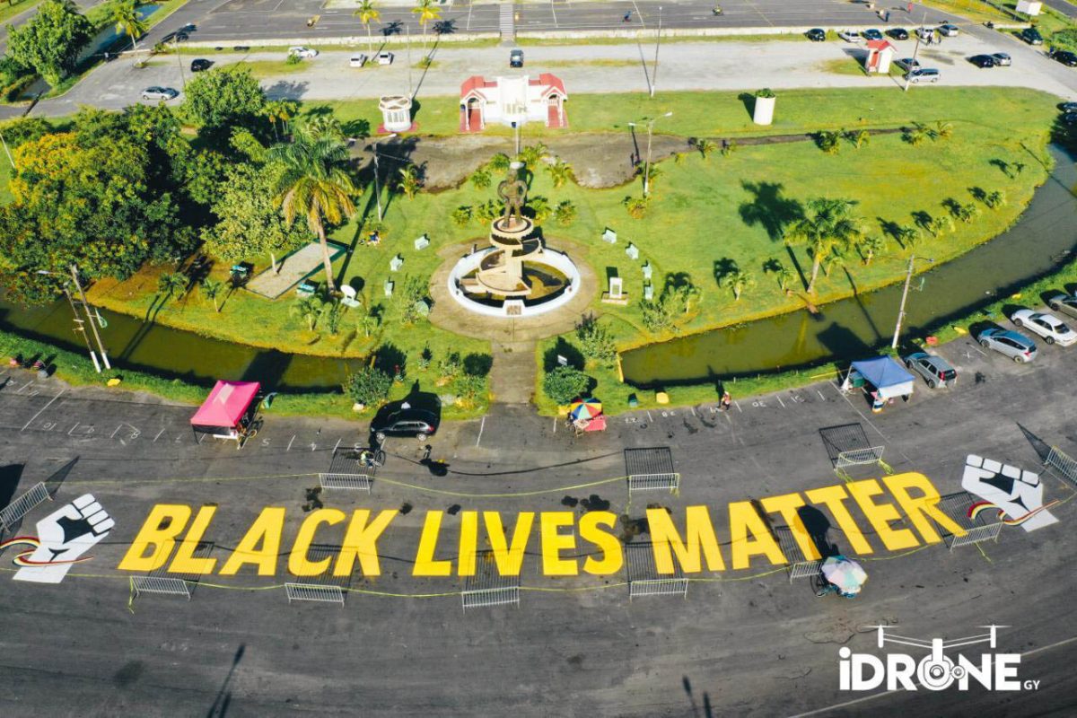The Black Lives Matter mural that was recently painted at the Square of the Revolution in Georgetown. Black Lives Matter – Guyana, which is behind the mural and similar ones in Bartica and New Amsterdam, says the initiative is intended to raise awareness and stimulate discussion on the history of the black community’s struggle to be free.  See more on page 10. (Black Lives Matter – Guyana photo)
