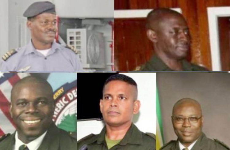 (Top left) Commander of the Coast Guard, Colonel Gary Beaton, (top right) Lieutenant Colonel Ronald Hercules (bottom left) Lieutenant Colonel Julius Skeete (bottom right) Lieutenant Colonel Omar Khan, (bottom centre) Lieutenant Colonel Ken Lloyd Roberts. (DPI photo)
