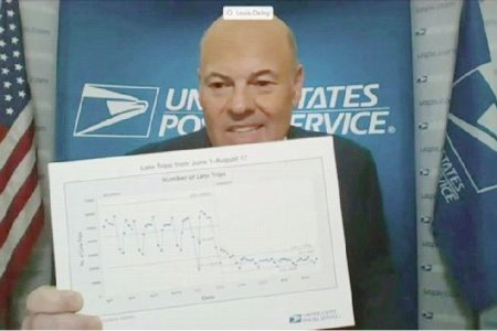 U.S. Postmaster General Louis DeJoy holds up a chart showing the recent elimination of extra or late trips to deliver mail between June 1 - August 17, 2020 as he testifies via video feed in a screen capture made during a virtual hearing of the U.S. Senate Homeland Security and Governmental Affairs Committee entitled “Examining the Finances and Operations of the United States Postal Service During COVID-19 and Upcoming Elections” in Washington, U.S., August 21, 2020. U.S. Senate Homeland Security and Governmental Affairs Committee via REUTERS