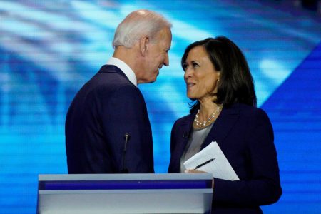 
AP
In this September 12, 2019, file photo, Democratic presidential candidate Joe Biden speaks with then candidate Senator Kamala Harris. Biden confirmed on Tuesday that she would be his running mate.