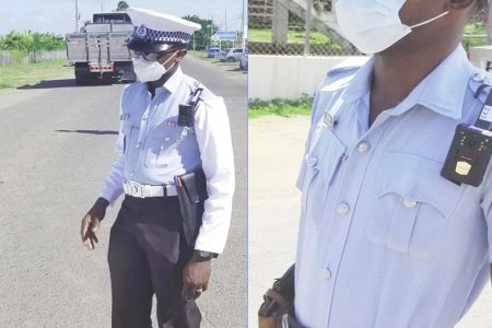 Police officers outfitted with body cameras while performing their duties. (Photos taken from the Guyana Police Force Regional Division #5 Facebook page)