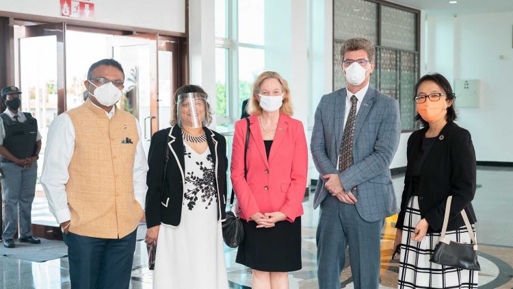 From left at the swearing in yesterday are Indian High Commissioner to Guyana, Dr. K. J. Srinivasa; Canadian High Commissioner, Lilian Chatterjee; US Ambassador, Sarah-Ann Lynch; UK High Commissioner, Greg Quinn and UN Resident Co-ordinator, Mikiko Tanaka.
