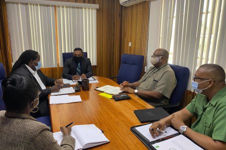 From left: GGB General Manager  Eondrene Thompson, Ministry of Natural Resources Permanent Secretary Joslyn McKenzie, Minister of Natural Resources Vickram Bharrat, GGMC Commissioner Newell Dennison, GFC Commissioner Gavin Agard. (Ministry of Natural Resources photo)
