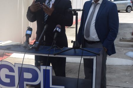 GPL CEO Albert Gordon (left) and Junior Minister of Public Works Deodat Indar briefing the media yesterday.