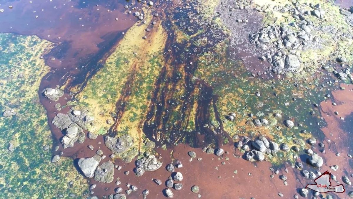 A still image taken from a drone video shows an oil spill after the bulk carrier ship MV Wakashio ran aground on a reef, at Riviere des Creoles, Mauritius, August 8, 2020. REUBEN PILLAY/REUBSVISION.MU, Virtual Tour of Mauritius/via REUTERS