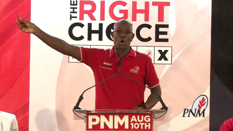 Prime Minister Dr Keith Rowley addresses a PNM meeting in Tunapuna on Wednesday night.