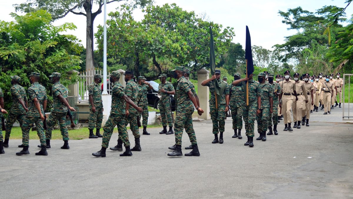 The Joint Services in rehearsal for the Guard of Honour parade