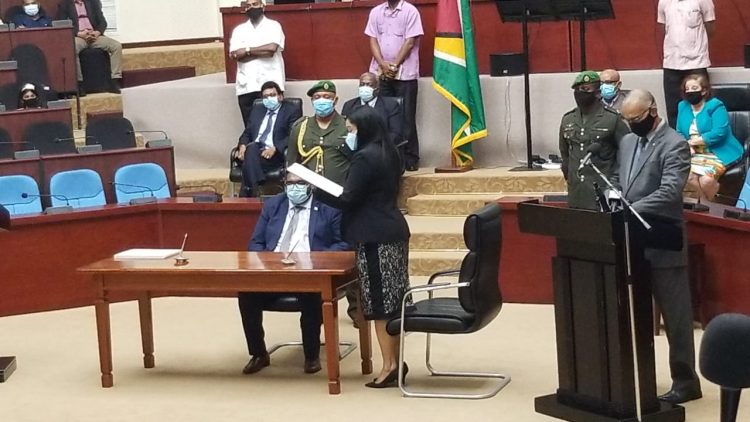 Vindhya Persaud being sworn in as Minister of Human Services