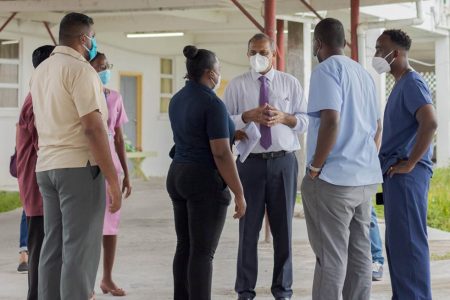 Minister of Health, Dr. Frank Anthony (third from right) yesterday did a walk through at the West Demerara Regional Hospital, a release from the Ministry of Health said.  (Ministry of Public Health photo)
