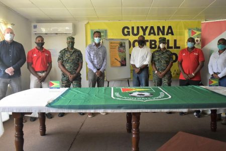 Members of the launch party pose for a photo opportunity at the end of the official launch of the Guyana Football Federation (GFF) nationwide ‘Refereeing Recruitment Campaign’ at their Section-K Campbellville headquarters.