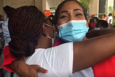 Lisa Hanna greets a supporter at the Jamaica Conference Centre in Kingston as she leaves a meeting of the National Executive Council this afternoon. The St Ann South East member of parliament has publicly declared her intention to run for president of the People’s National Party. 