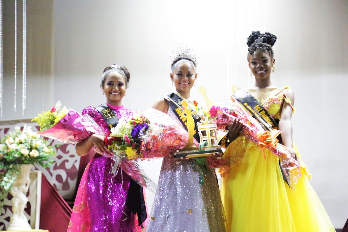 The Miss Guyana Teen Scholarship Pageant 2019 Court. From left, 2nd runnerup Christel Mangra, reigning queen Devya Singh and 1st runnerup Naheeryah Newland.