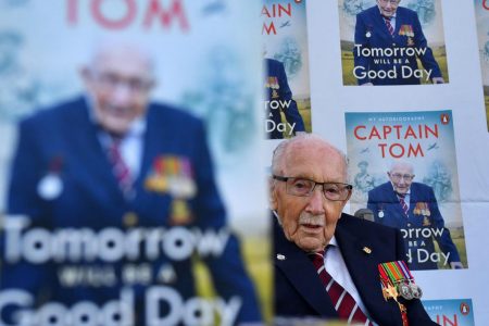Captain Tom Moore launches his autobiography, “Tomorrow Will Be A Good Day,” at his home in Milton Keynes, Britain. (REUTERS/Dylan Martinez photo)
